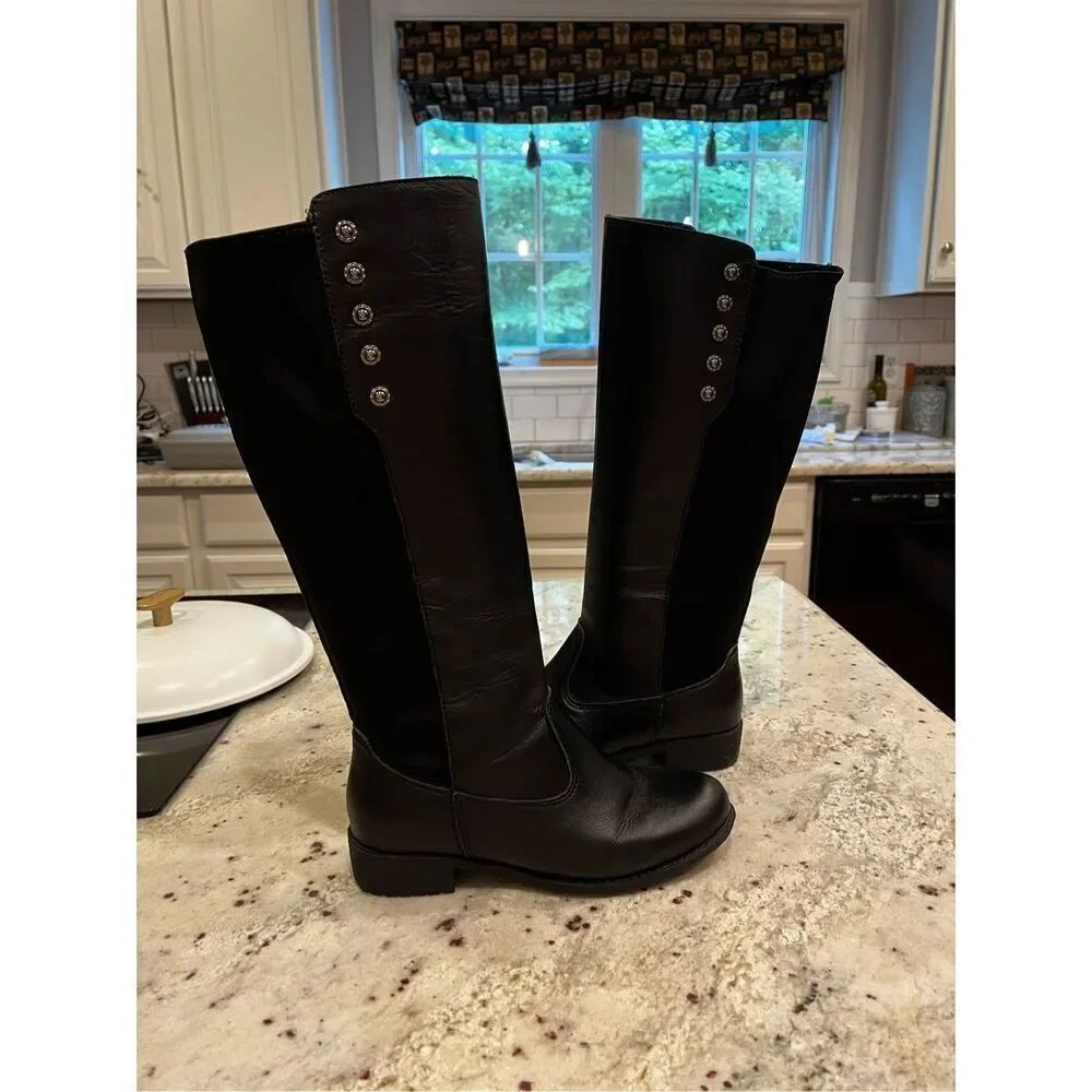Report Black Faux Leather Back Stretch Studded Riding Boots sz 6 EUC